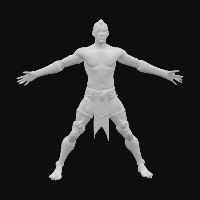 3D model for Realistic Fantasy design of an armored warrior, with a towering muscular build. Key characteristics are glowing tribal tattoos and a cybernetic arm enhancement. Presented in a dynamic action pose. Clad in battle-scarred plate armor. Highly detailed concept art. (negative: no background, no helmet, generic facial features)