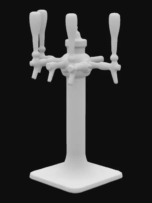 3D model for Realistic. beer tap tower. with four spouts with. black handles made out of Chrome. 4k
