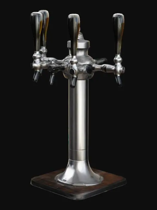 3D model for Realistic. beer tap tower. with four spouts with. black handles made out of Chrome. 4k