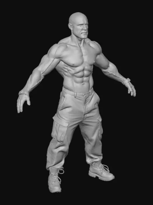 3D model for a big muscular white guy bald head covered in tattoos scrufy face mean as hell wearing white tank top blue jeans street thug anti hero