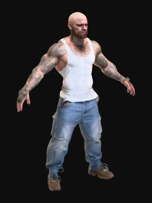 3D model for a big muscular white guy bald head covered in tattoos scrufy face mean as hell wearing white tank top blue jeans street thug anti hero