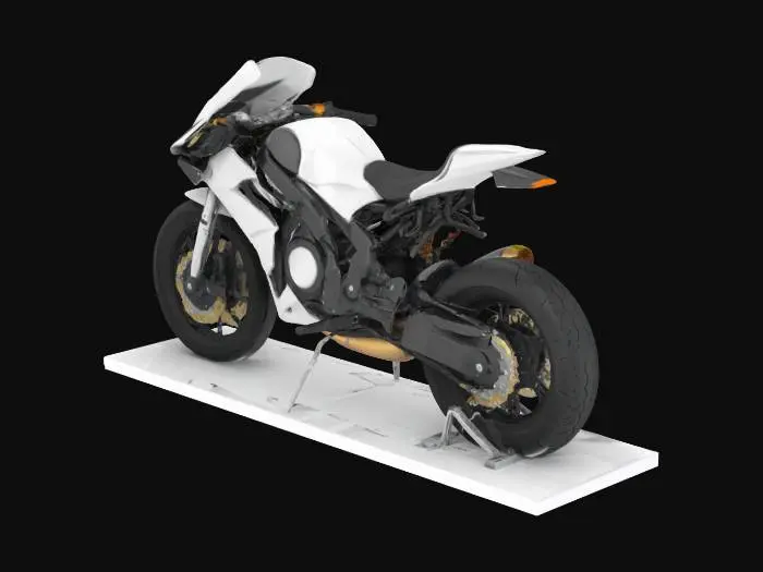 3D model for A 3D sculpture of a modern racing motorcycle placed on a flat display stand. The motorcycle features aerodynamic fairings, low handlebars, slick tires, and a visible chain and exhaust system. It is sculpted in a static, upright position with a functional rear wheel stand integrated into the base. The entire model is a single solid mesh, with no floating parts, designed for 3D printing.
