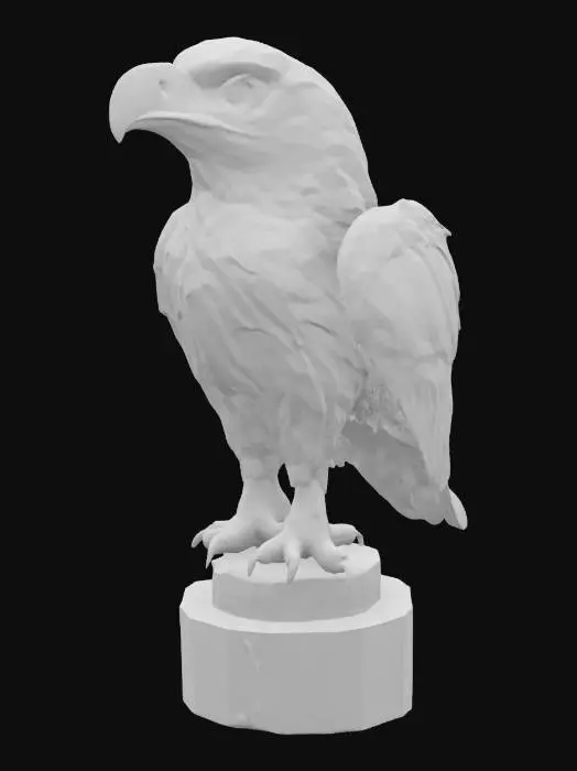 3D model for A hyper-realistic bust of a hawk head mounted on a stone pedestal. Ultra-detailed feathers, sharp golden beak, piercing amber eyes, dynamic feather flow with subtle wind motion, textured skin around the eyes and beak, cinematic lighting, museum-style realistic bust sculpture, symmetrical, majestic, intimidating presence.