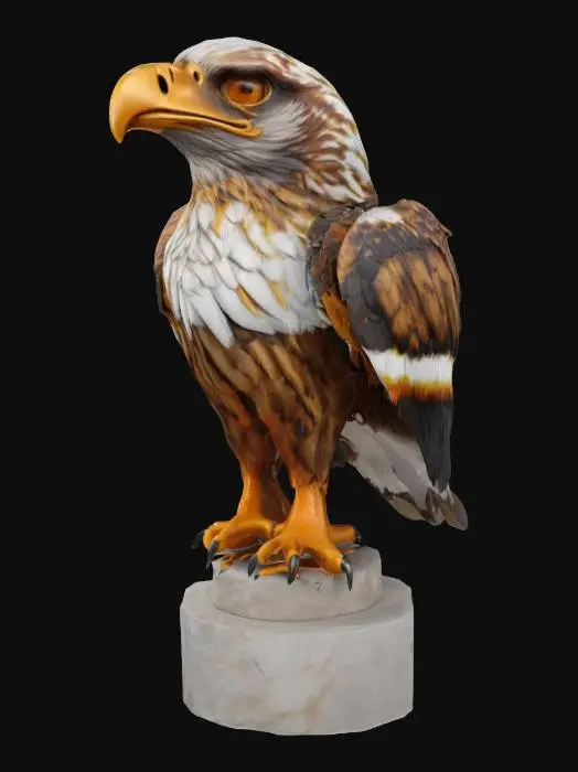3D model for A hyper-realistic bust of a hawk head mounted on a stone pedestal. Ultra-detailed feathers, sharp golden beak, piercing amber eyes, dynamic feather flow with subtle wind motion, textured skin around the eyes and beak, cinematic lighting, museum-style realistic bust sculpture, symmetrical, majestic, intimidating presence.