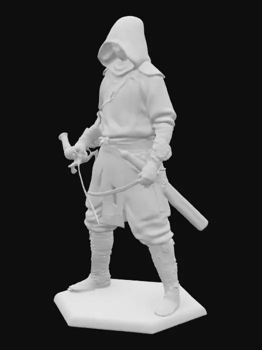 3D model for The object is a ninja in a jet black costume. He poses in a hooded pose. He holds two daggers. He rests on a black bust underneath. It is compatible with ZBrush and can be 3D printed. The entire object is a single object.