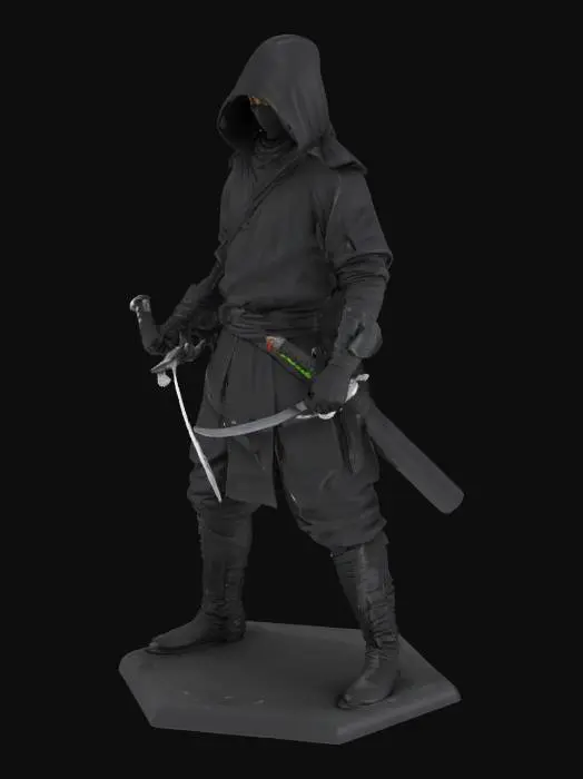 3D model for The object is a ninja in a jet black costume. He poses in a hooded pose. He holds two daggers. He rests on a black bust underneath. It is compatible with ZBrush and can be 3D printed. The entire object is a single object.