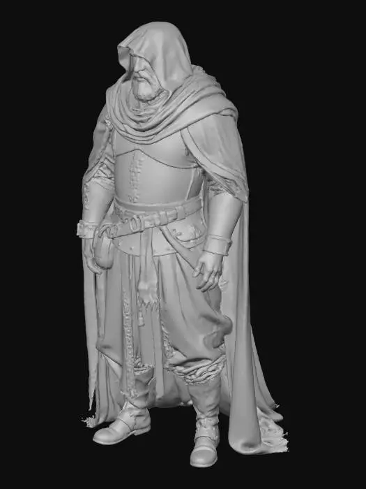 3D model for Ultra-realistic full-body depiction of a hostile Arabic guard from the late 7th century, realistic human proportions, grim and intimidating presence, hardened by violence.

Pose: standing guard with empty hands, arms relaxed but tense at the sides, fingers slightly curled; NOT holding any weapon.

Weapon placement: a curved scimitar fully sheathed in a leather scabbard at the belt, no weapon in hands, no raised arms, no combat pose.

Expression: aggressive, suspicious glare, narrowed eyes, clenched jaw, scarred and weather-beaten face; no noble or heroic expression.

Clothing and armor: worn and mismatched Middle Eastern lamellar or scale armor over dirty layered cloth, faded tunic, frayed cloak, loose sirwal trousers, rough leather belts and straps; practical and utilitarian, no ceremonia