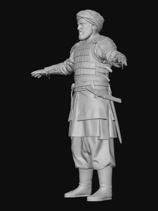 3D model for Ultra-realistic full-body depiction of a hostile Arabic guard from the late 7th century, realistic human proportions, grim and intimidating presence, hardened by violence. Pose: standing guard with empty hands, arms relaxed but tense at the sides, fingers slightly curled; NOT holding any weapon. No Weapon placement, no weapon in hands, no raised arms, no combat pose. Expression: aggressive, suspicious glare, narrowed eyes, clenched jaw, scarred and weather-beaten face; no noble or heroic expression. Clothing and armor: worn and mismatched Middle Eastern lamellar or scale armor over dirty layered cloth, faded tunic, loose sirwal trousers, rough leather belts and straps; practical and utilitarian, no ceremonia, no cloak