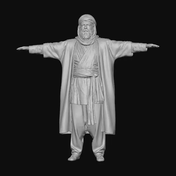 3D model for Ultra-realistic full-body depiction of a hostile Arabic guard from the late 7th century, in a perfect T-pose, arms extended horizontally, neutral balanced stance, strictly no action pose.

IMPORTANT – rig-safe requirements:
NO weapons, NO sword, NO scabbard, NO dagger, NO shield, NO hard accessories, NO solid objects attached to the body.

Hands: empty hands, fingers relaxed and slightly curled, nothing held.

Appearance: grim and intimidating presence, aggressive suspicious glare, narrowed eyes, clenched jaw, scarred and weather-beaten face, dirty skin; no noble, heroic, or ceremonial look.

Clothing only (soft materials): layered cloth tunic/kaftan, loose sirwal trousers, wrapped sash belt (cloth only), frayed cloak, wrapped turban; no metal armor plates, no buckles, no rigid elements —