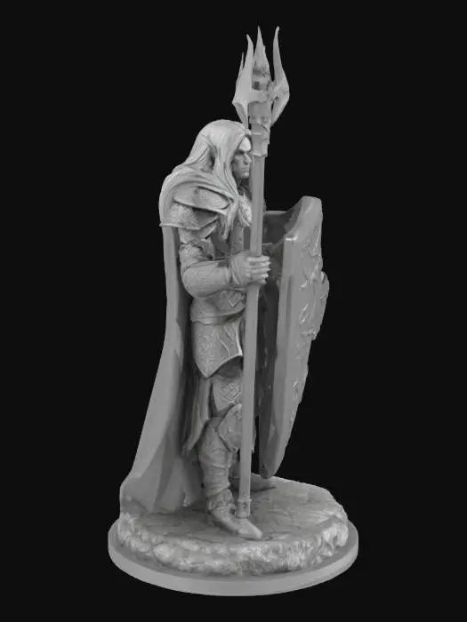 3D model for Highly detailed 3D model of a heroic elf warrior for tabletop miniatures (28mm scale), optimized for FDM printing. The elf has long flowing hair, wields a large vertical shield and a spiked mace. Wears layered fantasy armor with a scale-patterned tunic, a dramatic cloak, and stands on a rocky base. Designed with no fine overhangs, thickened elements, and clean geometry for PLA filament printing. STL format output.