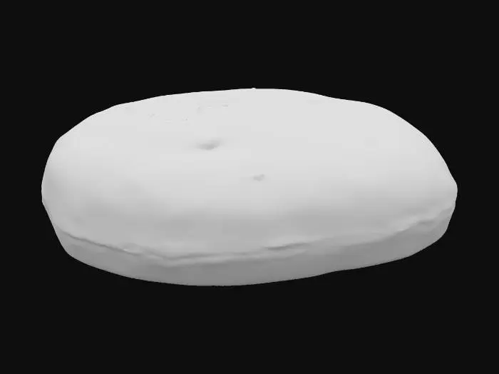 3D model for A thin, circular piece of unleavened bread, subtly uneven with a slightly rippled surface. Its color is a warm, toasted beige, featuring small, darker brown spots from baking, indicating a crisp yet pliable texture. The material appears dense and finely grained, with a matte finish. It feels firm to the touch, possibly with a subtle dryness.