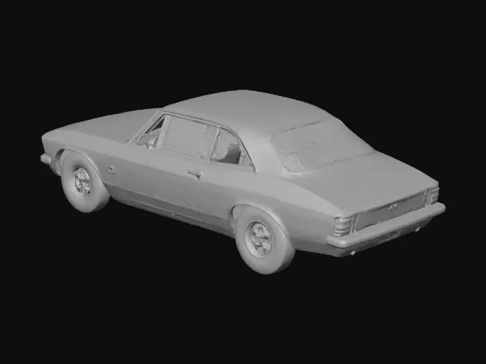 3D model for Modelo 3D detalhado de um clássico Chevrolet Opala SS coupé da década de 1970, renderizado em uma vista lateral precisa. O carro possui uma pintura verde metálica escura vibrante, complementada por uma faixa preta fosca no capô. Os detalhes cromados são proeminentes, incluindo os retrovisores laterais, os frisos das janelas, as maçanetas das portas e o elegante para-choque cromado. O emblema 'SS' é visível no para-lama lateral. As rodas são clássicas jantes cromadas estilo rally de cinco raios com pneus escuros. Enfatize a carroceria longa e baixa, a linha distinta do teto do coupé de duas portas e a curvatura sutil dos painéis da carroceria. O modelo deve capturar com precisão as proporções e a postura poderosa, mas elegante do Opala, com superfícies limpas e suaves.