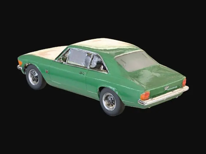 3D model for Modelo 3D detalhado de um clássico Chevrolet Opala SS coupé da década de 1970, renderizado em uma vista lateral precisa. O carro possui uma pintura verde metálica escura vibrante, complementada por uma faixa preta fosca no capô. Os detalhes cromados são proeminentes, incluindo os retrovisores laterais, os frisos das janelas, as maçanetas das portas e o elegante para-choque cromado. O emblema 'SS' é visível no para-lama lateral. As rodas são clássicas jantes cromadas estilo rally de cinco raios com pneus escuros. Enfatize a carroceria longa e baixa, a linha distinta do teto do coupé de duas portas e a curvatura sutil dos painéis da carroceria. O modelo deve capturar com precisão as proporções e a postura poderosa, mas elegante do Opala, com superfícies limpas e suaves.