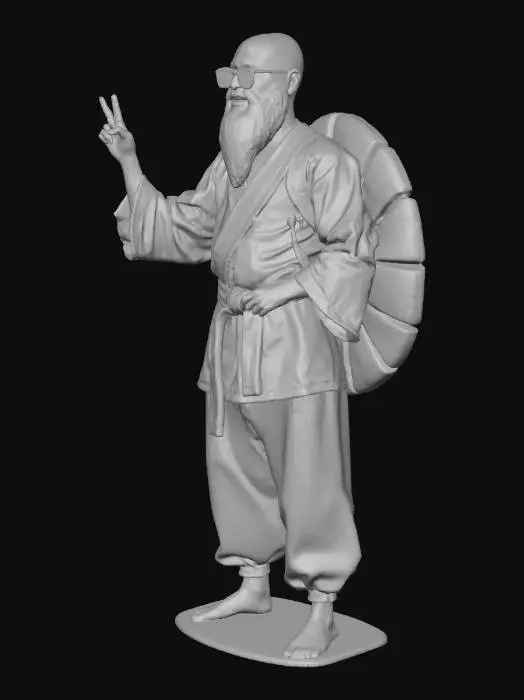 3D model for [Helper: ultra realistic 3D sculpture, high detail, balanced base, studio lighting, smooth resin texture, collectible figure style] 
Create a detailed 3D sculpture of Master Roshi (Mestre Kame) standing on a flat display base. He wears his orange martial arts outfit, sunglasses, and a large turtle shell on his back. His expression is calm and joyful, making the peace and love hand sign. The statue should look handcrafted, with fine details on clothing folds, shell texture, and facial features, like a premium anime collectible.