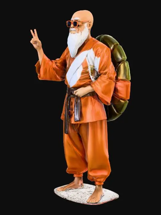3D model for [Helper: ultra realistic 3D sculpture, high detail, balanced base, studio lighting, smooth resin texture, collectible figure style] 
Create a detailed 3D sculpture of Master Roshi (Mestre Kame) standing on a flat display base. He wears his orange martial arts outfit, sunglasses, and a large turtle shell on his back. His expression is calm and joyful, making the peace and love hand sign. The statue should look handcrafted, with fine details on clothing folds, shell texture, and facial features, like a premium anime collectible.