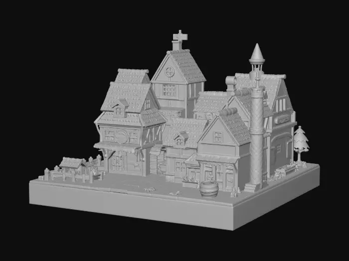 3D model for A vibrant JRPG town diorama, evoking Shining Force 3D and Dragon Quest 9. Features an item shop, weapon shop, church, inn, three houses, a tavern, and a well. Buildings boast charming, slightly blocky forms with steeply pitched, often brightly colored roofs. Textures are stylized and hand-painted, depicting weathered wood, rough stone, and smooth plaster. Colors are warm and inviting, giving a quaint, tactile feel to the detailed, cohesive settlement.