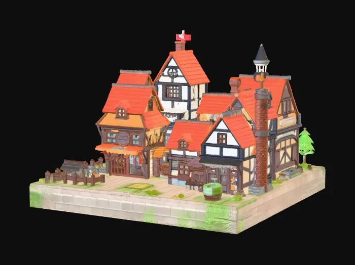 3D model for A vibrant JRPG town diorama, evoking Shining Force 3D and Dragon Quest 9. Features an item shop, weapon shop, church, inn, three houses, a tavern, and a well. Buildings boast charming, slightly blocky forms with steeply pitched, often brightly colored roofs. Textures are stylized and hand-painted, depicting weathered wood, rough stone, and smooth plaster. Colors are warm and inviting, giving a quaint, tactile feel to the detailed, cohesive settlement.