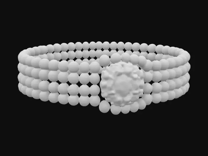 3D model for The object is a bracelet composed of multiple strands of round, glossy pearls adorned with a central, fan-shaped motif encrusted with blue and clear gemstones, exhibiting a luxurious and intricate texture., Ultra Realistic, Highly Detailed, ultra 8k