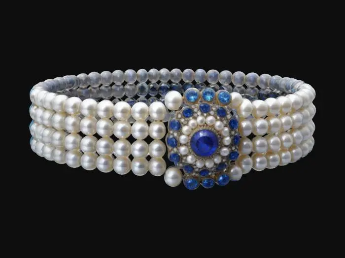 3D model for The object is a bracelet composed of multiple strands of round, glossy pearls adorned with a central, fan-shaped motif encrusted with blue and clear gemstones, exhibiting a luxurious and intricate texture., Ultra Realistic, Highly Detailed, ultra 8k