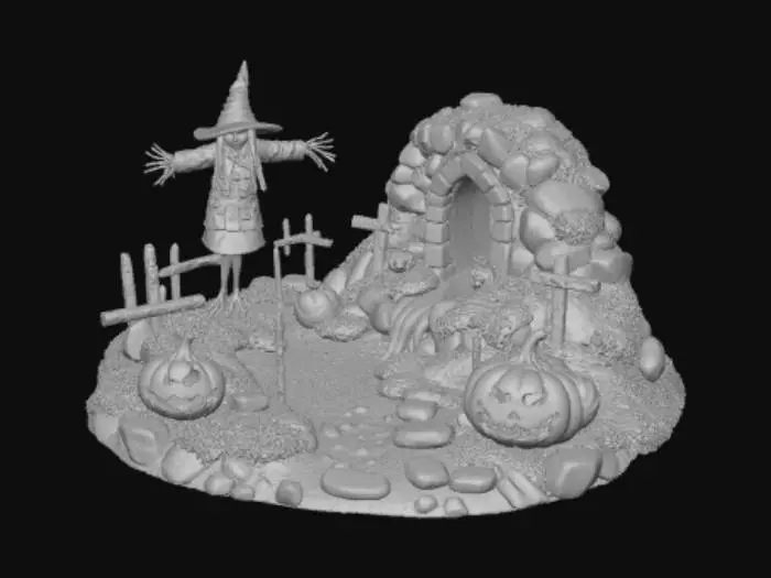 3D model for Kamienny okrąg w basniowym stylu, jest na nim również czarny piach, błoto, a kamienie są porosniete mchem. Z jednej strony jest wzniesienie, przez śródek przynie strumyk tworząc mini wodospad. Wzdłuż strumyka jest dużo Halloweenowych przerazajacych dyń. Na szczycie wzniesienia jest wbity strach na wróble przebrany w hallowinowym stylu. Bardzo szczegółowy, wysoka jakość , #Halloween2025#