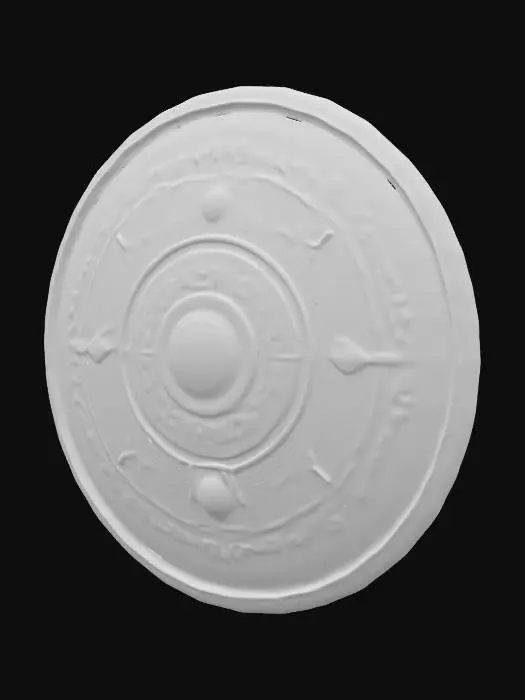 3D model for A 1-meter round shield of aged dark gold metal, showing wear and scratches. The center features a convex metal umbo with engraved Greek patterns and subtle red illumination. The edge is reinforced with matte dark metal, etched with ancient inscriptions. Inside, a black leather-lined handle sits beside a small futuristic energy module with pulsating light. Realistic, HDR lighting, evenly lit. , #ChronoForgeWeapon#