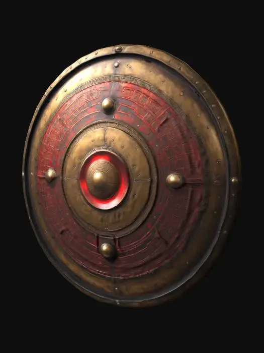 3D model for A 1-meter round shield of aged dark gold metal, showing wear and scratches. The center features a convex metal umbo with engraved Greek patterns and subtle red illumination. The edge is reinforced with matte dark metal, etched with ancient inscriptions. Inside, a black leather-lined handle sits beside a small futuristic energy module with pulsating light. Realistic, HDR lighting, evenly lit. , #ChronoForgeWeapon#