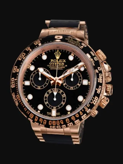 3D model for Rolex Daytona Oysterflex chronograph Made of 18k pink gold Ceramic, black bezel with a tachymeter scale Screw-down crown and stopwatch holder Black dial with gold sub-dials Fluorescent indexes and hour markers Sapphire glass Black Oysterflex rubber strap Gold butterfly clasp, Highly Detailed, Ultra Realistic
