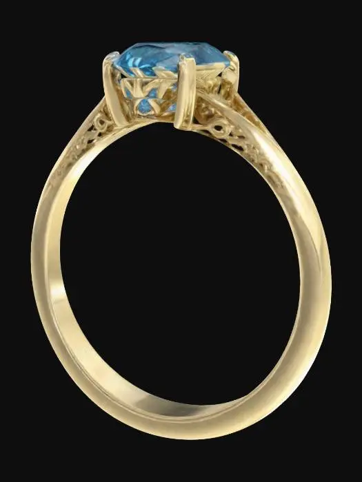 3D model for  Classic gold ring with a blue diamond Setting stone: brilliant Stone weight: 0.37ct Cleanliness: VS Color: sky blue, blue (corrected) Cut: round, brilliant, very good Product weight: approx. 2.20 g Gold purity: 0.585 Gold color: white Highly Detailed, Ultra Realistic 
