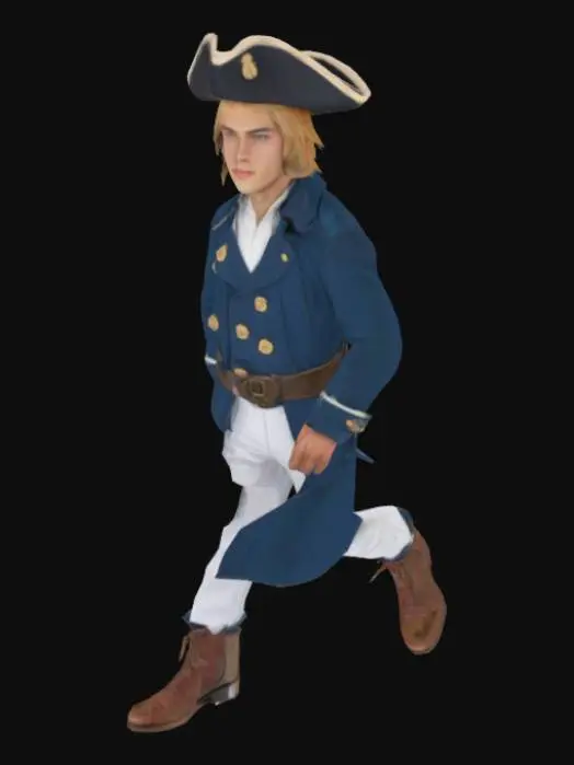 3D model for Молодой юнга, мужчина, подросток, внешность: светлые волосы до плеч, шляпа-треуголка, худое телосложение, светлая кожа, серо-голубые глаза, костюм юнги: белые штаны, синий сюртук
