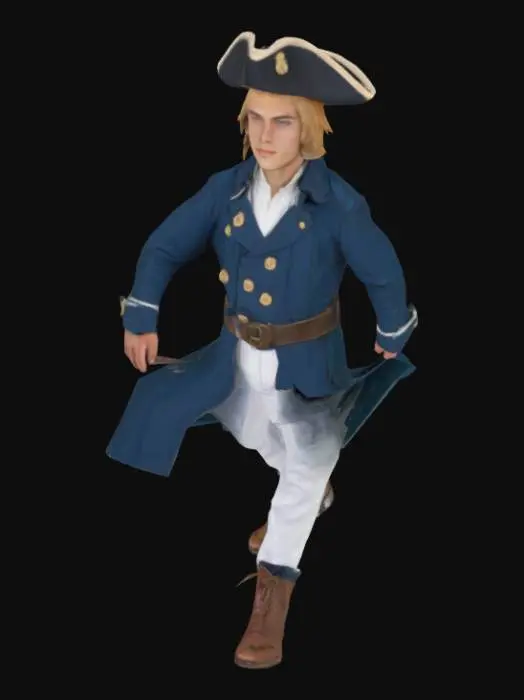 3D model for Молодой юнга, мужчина, подросток, внешность: светлые волосы до плеч, шляпа-треуголка, худое телосложение, светлая кожа, серо-голубые глаза, костюм юнги: белые штаны, синий сюртук