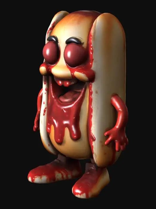 3D model for Create a Hotdog character in a cartoon style covered in blood.