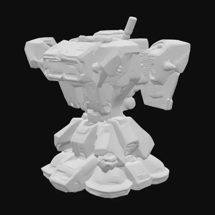 3D model for Futuristic Gundam-inspired phone stand. Designed like a mecha robot base with angular armor plating, vents, and mechanical details. The phone holder section is shaped like a Gundam chest plate with glowing accents. Two strong mechanical arms extend upward to hold the phone securely. The back support resembles a Gundam backpack thruster unit, and the base is wide, stable, with robotic leg-like structures. Style: sleek, metallic, detailed, sci-fi, white with red, blue, and yellow accents, inspired by classic Gundam colors.
