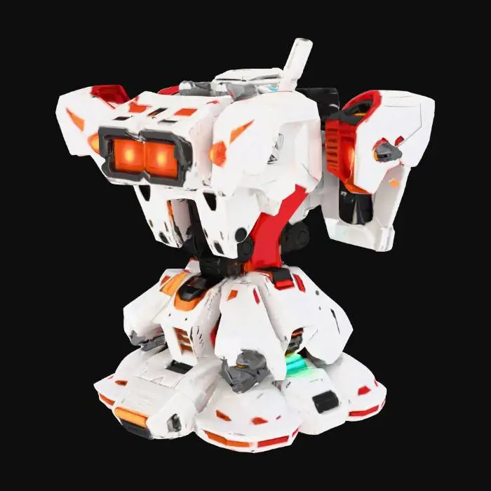 3D model for Futuristic Gundam-inspired phone stand. Designed like a mecha robot base with angular armor plating, vents, and mechanical details. The phone holder section is shaped like a Gundam chest plate with glowing accents. Two strong mechanical arms extend upward to hold the phone securely. The back support resembles a Gundam backpack thruster unit, and the base is wide, stable, with robotic leg-like structures. Style: sleek, metallic, detailed, sci-fi, white with red, blue, and yellow accents, inspired by classic Gundam colors.