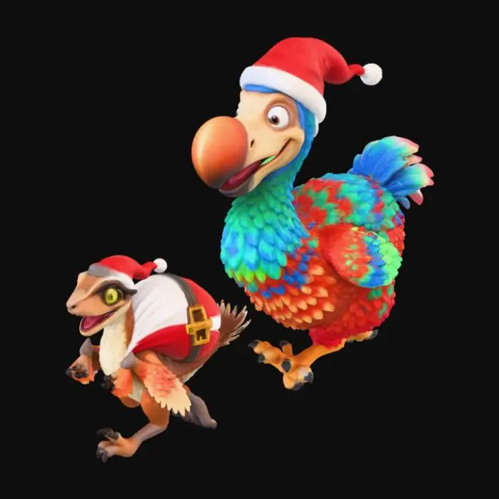 3D model for Dodo rex with a santa hat chasing a raptor with a santa hat and Santa's bag, #Christmas2025#