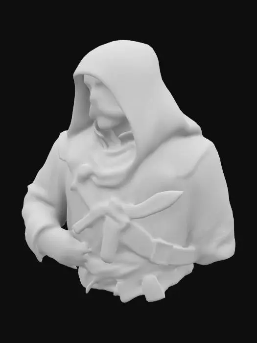 3D model for An assassin's creed assassin (ubisoft) from romania, his hooded robe resembles that of assassin's creed characters but bears romanian motifs and semblance to traditional romanian clothing, he has a hidden blade made of sharp wood on his right arm with floral decorations. he also has a white mustache