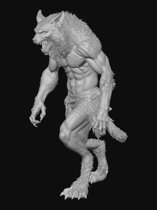 3D model for Create a A werewolf mid-transformation under moonlight. Muscular humanoid form covered in detailed fur, snarling with visible fangs and glowing yellow eyes. Make the hands and claws large. Make sure the clothing is torn, and highlight the image with moonlight that shines onto the fur. Realistic 3D sculpt with dynamic lighting and muscle definition.
