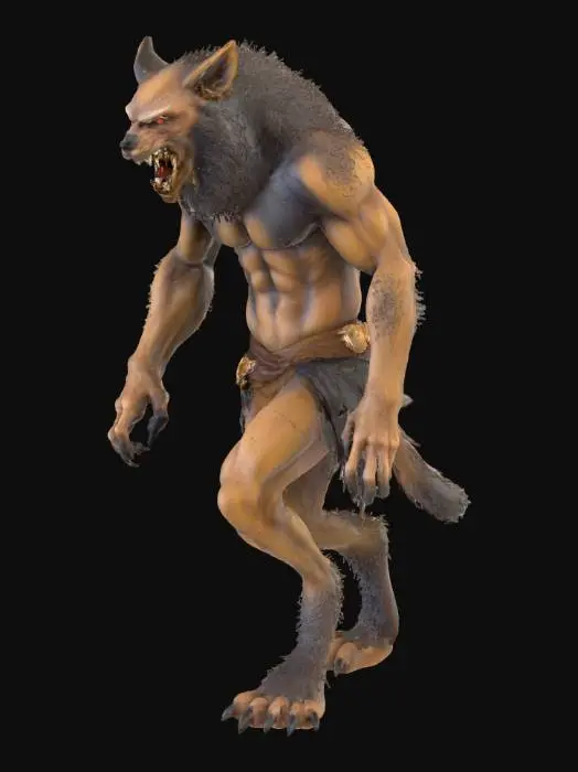 3D model for Create a A werewolf mid-transformation under moonlight. Muscular humanoid form covered in detailed fur, snarling with visible fangs and glowing yellow eyes. Make the hands and claws large. Make sure the clothing is torn, and highlight the image with moonlight that shines onto the fur. Realistic 3D sculpt with dynamic lighting and muscle definition.