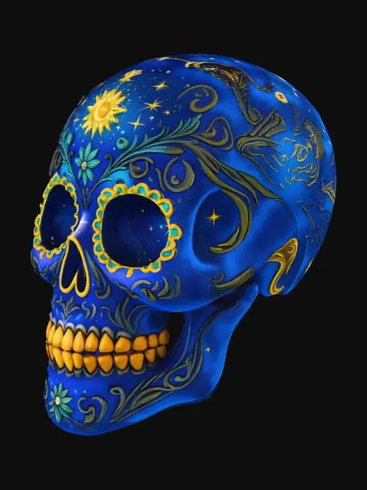 3D model for Celestial Skull - Create a highly detailed Día de los Muertos sugar skull with celestial theme. Galaxy-textured skull with shimmering stars, moon and sun motifs, glowing nebula colors (deep purples, gold, teal), delicate floral carvings, swirling stardust patterns, sparkling constellations across forehead. Soft radiant mystical glow, glittering accents, dramatic dark cosmic background, glowing magical aura. Cinematic lighting, ultra vibrant, polished ornamental style., #Halloween2025#