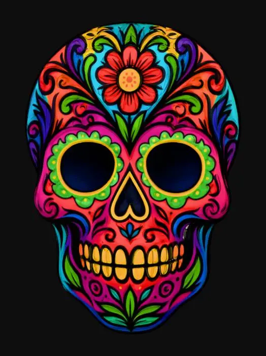 3D model for Floral Skull Fiesta. Vibrant Día de los Muertos sugar skull, richly decorated with floral patterns and swirling ornamental shapes. Bold symmetrical design with rainbow-gradient colors — deep reds, oranges, golds, purples, teal, and emerald green. Intricate painted textures, glowing accents, dark star-filled eye sockets, stylized flower on forehead, scalloped circular frames around eyes, heart-shaped nose, decorative Filigree details and leaf motifs. Smooth soft shading, ultra clean vector-style edges with hand-painted warmth, festive and joyful aesthetic, radiant Mexican folk art style, bold contrast, crisp detail, high-saturation celebration colors, studio lighting on white background. , #Halloween2025#