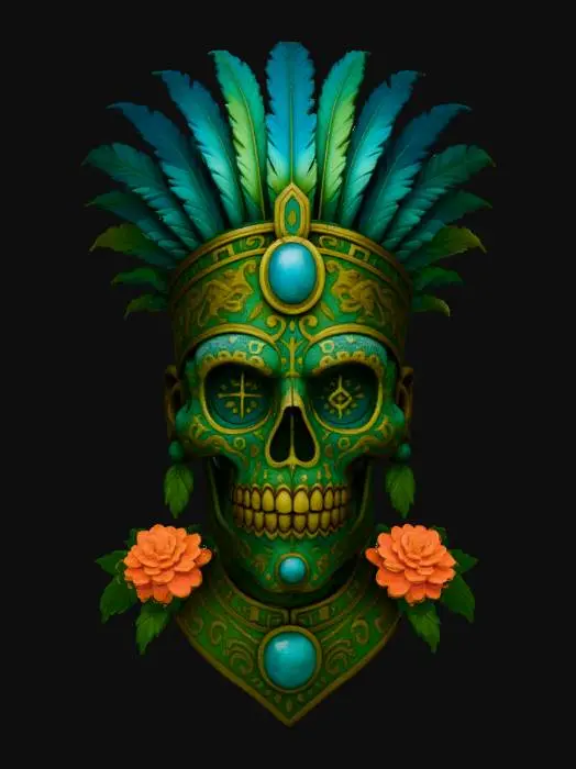 3D model for Holy Aztec Royalty. Aztec-inspired sugar skull mask carved from ancient stone. Deep, vibrant turquoise mineral texture with gold inlay symbols, obsidian accents, sacred runes glowing subtly. Regal feather crown in emerald green and cobalt blue, ornate ceremonial patterns, jaguar and eagle glyphs engraved into cheekbones. Fierce guardian expression, museum-quality sculpted detail, marigold flowers at base, swirling incense smoke, mystical atmosphere, dramatic sacred temple lighting, divine ancestral energy., #Halloween2025#