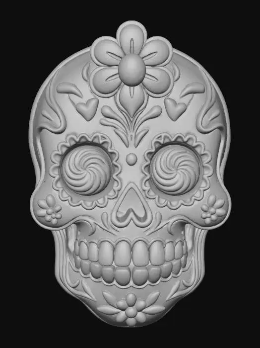 3D model for Colorful Sugar Skull. Playful candy sugar skull with glossy candy-coated texture, rainbow swirled lollipop eyes, jellybean teeth, gummy flower decorations, neon icing swirls, pastel candy hearts and confetti. Cute cheerful, vibrant expression, high-gloss shine, rainbow tones, magical sparkle dust, soft dreamy pastel background, kawaii candy fantasy style, ultra vibrant, fun and festive, Día de los Muertos meets candy carnival, 3D sculpted candy texture, smooth round shapes, joyful celebration energy., #Halloween2025#