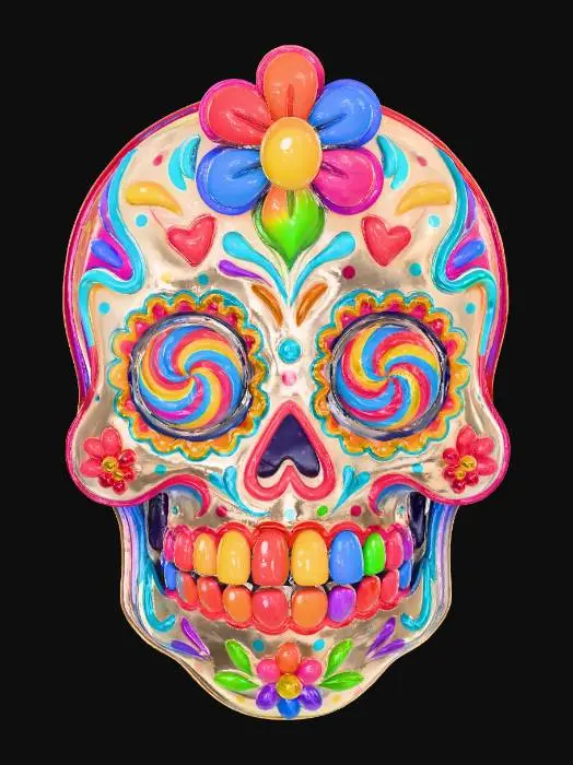 3D model for Colorful Sugar Skull. Playful candy sugar skull with glossy candy-coated texture, rainbow swirled lollipop eyes, jellybean teeth, gummy flower decorations, neon icing swirls, pastel candy hearts and confetti. Cute cheerful, vibrant expression, high-gloss shine, rainbow tones, magical sparkle dust, soft dreamy pastel background, kawaii candy fantasy style, ultra vibrant, fun and festive, Día de los Muertos meets candy carnival, 3D sculpted candy texture, smooth round shapes, joyful celebration energy., #Halloween2025#
