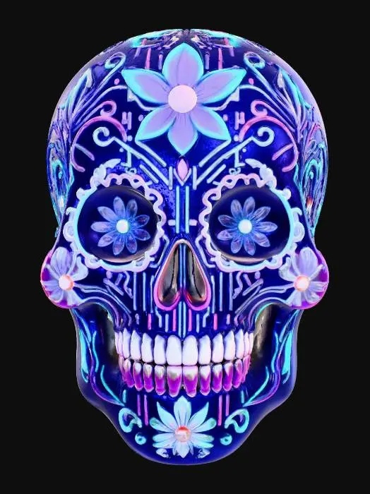 3D model for Neon Skull Bloom. Futuristic 3D cyber Dia de los Muertos - Day-of-the-Dead - sugar skull with glowing neon circuitry patterns, electric purples, cyans and pinks, holographic flower motifs, chrome teeth, luminous energy lines forming floral shapes, digital pixel-petals, glitch glow effects, futuristic festival lighting, sleek cyberpunk aesthetic, crisp high-contrast sheen, glowing edges, neon halos, sacred tech spirit energy, modern meets traditional. Make it vibrant and rich in texture., #Halloween2025#