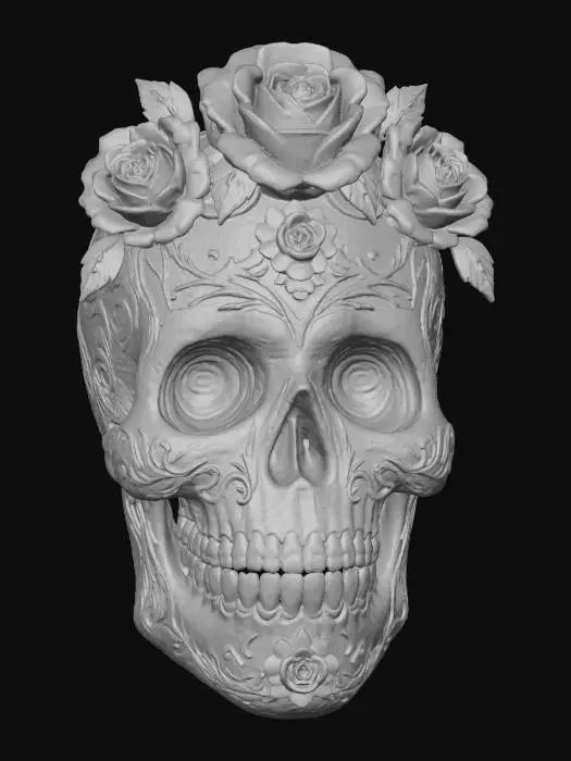 3D model for Elegant Rose & Gold Skull. Romantic & timeless. Refined 3D sugar skull in soft pearl tones with metallic gold filigree, sculpted roses in deep crimson, shimmering petals, delicate lace-style carvings, candlelight glow reflecting on polished bone texture. Soft bokeh effect, classy and feminine, warm glowing ambiance, high-end golden accents, artistic depth and elegance, cinematic warm lighting and ornamental finish., #Halloween2025#