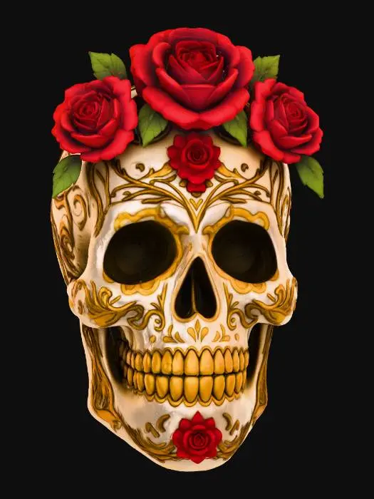3D model for Elegant Rose & Gold Skull. Romantic & timeless. Refined 3D sugar skull in soft pearl tones with metallic gold filigree, sculpted roses in deep crimson, shimmering petals, delicate lace-style carvings, candlelight glow reflecting on polished bone texture. Soft bokeh effect, classy and feminine, warm glowing ambiance, high-end golden accents, artistic depth and elegance, cinematic warm lighting and ornamental finish., #Halloween2025#