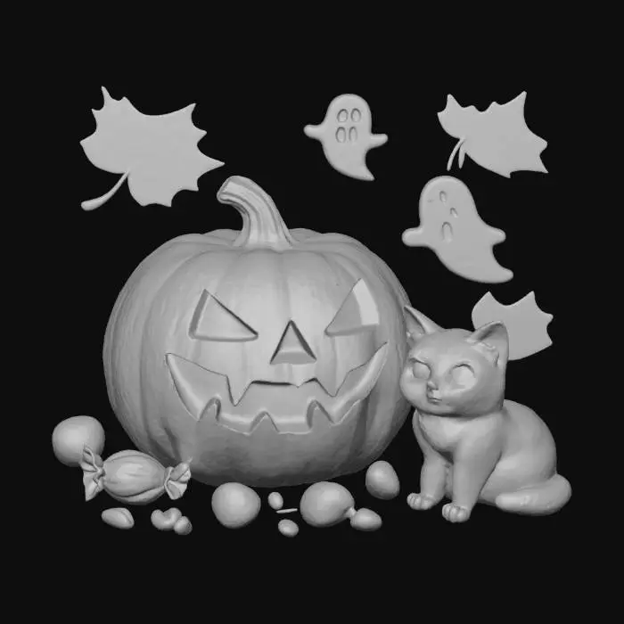 3D model for Create a vibrant 3D Halloween scene on a clean white background. Feature a glowing jack-o’-lantern with intricate carvings, glossy orange skin, and flickering golden light inside. Surround it with shiny candy pieces, iridescent spiderwebs, and a small black cat with silky fur and gleaming eyes. Add floating neon ghosts and colorful autumn leaves with reflective textures. Lighting should be bright, cinematic, and full of contrast for a bold, high-definition look., #Halloween2025#