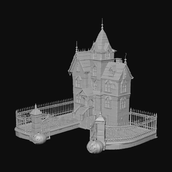 3D model for Create a detailed 3D haunted mansion scene on a white background. A rich textured gothic house with cracked stone walls, glowing green windows, and misty blue fog surrounding twisted leafless trees. Carved pumpkins emit flickering amber light beside shiny black metal gates and wet cobblestone paths. Use cinematic lighting and high contrast for an eerie, polished atmosphere. #Halloween2025#