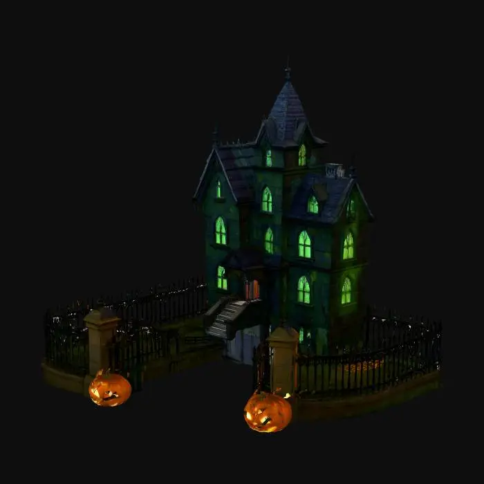 3D model for Create a detailed 3D haunted mansion scene on a white background. A rich textured gothic house with cracked stone walls, glowing green windows, and misty blue fog surrounding twisted leafless trees. Carved pumpkins emit flickering amber light beside shiny black metal gates and wet cobblestone paths. Use cinematic lighting and high contrast for an eerie, polished atmosphere. #Halloween2025#