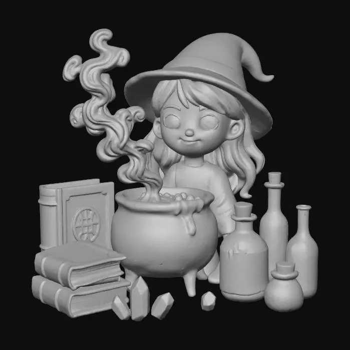 3D model for Create and design a cute witch in her 3D potion lab. Create the scene on a white background. Add a bubbling cauldron with luminous green potion, glass jars, colorful spell books, and glittering crystals. Add purple smoke tendrils, reflective bottles, and soft ambient lighting for a magical Halloween aesthetic. Make it vibrant and striking. , #Halloween2025#