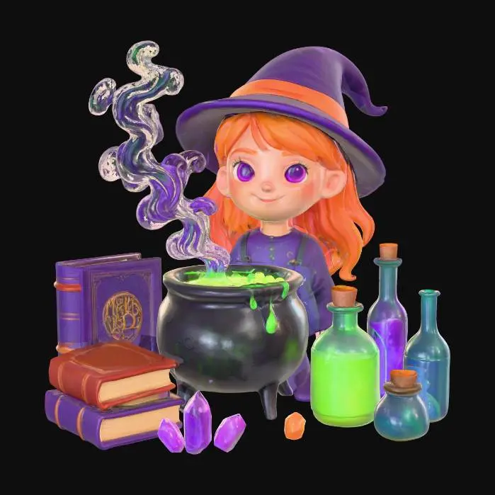3D model for Create and design a cute witch in her 3D potion lab. Create the scene on a white background. Add a bubbling cauldron with luminous green potion, glass jars, colorful spell books, and glittering crystals. Add purple smoke tendrils, reflective bottles, and soft ambient lighting for a magical Halloween aesthetic. Make it vibrant and striking. , #Halloween2025#